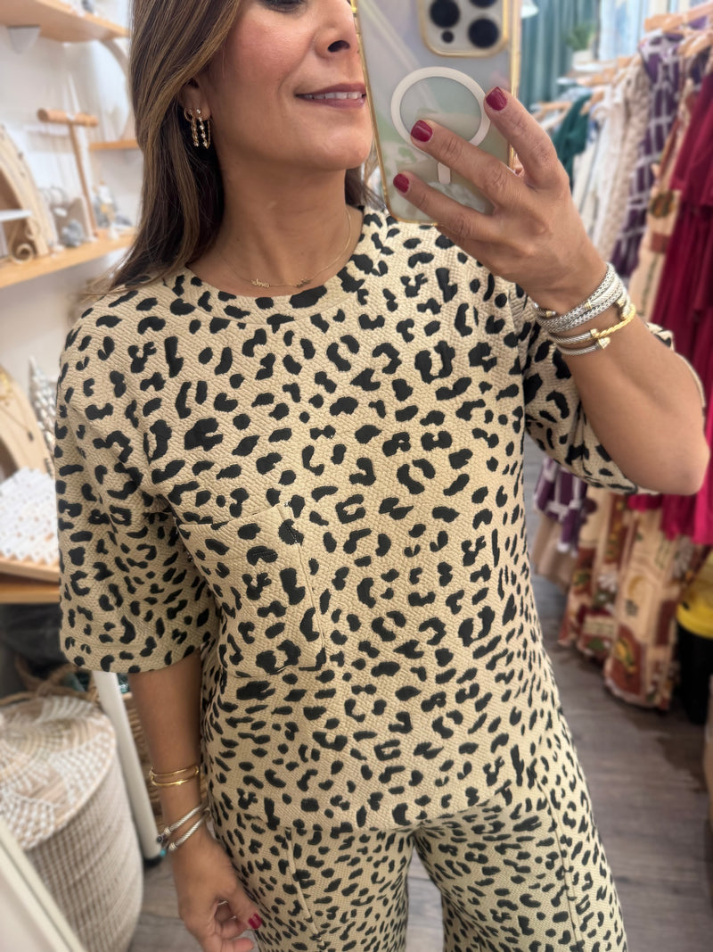 Leopard Print Textured Top & Pant Set