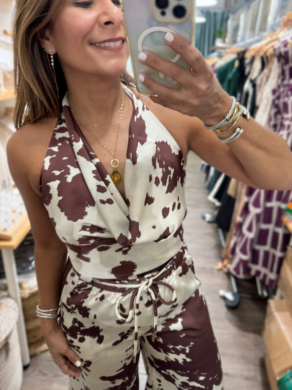 Cow Print Halter Top & Pant Set