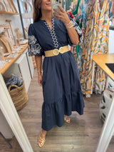 Navy Embroidered Sleeves Tiered Dress
