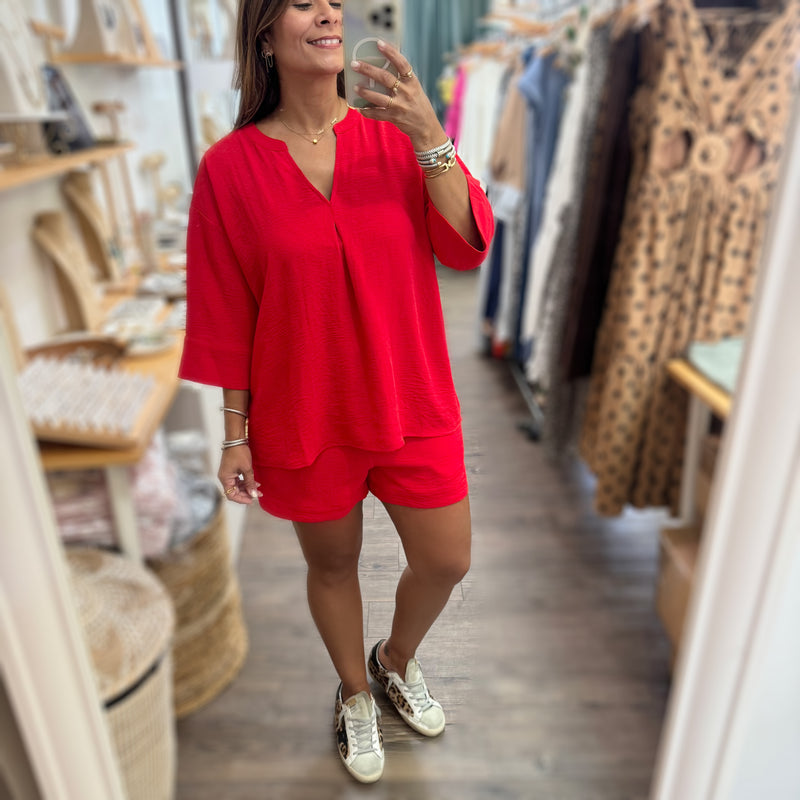 Red V-Neck Top & Shorts Set