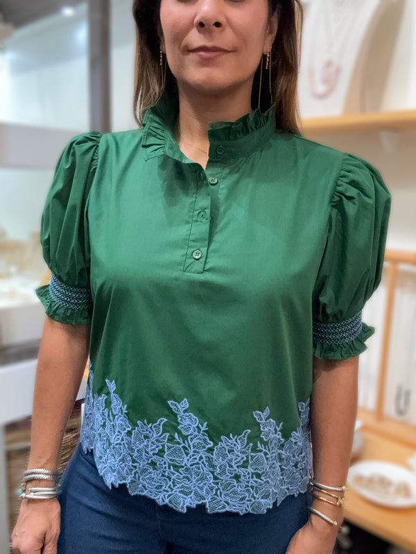 Hunter Green & Blue Embroidered Detail Top