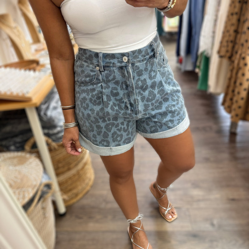 Blue Leopard Denim Short