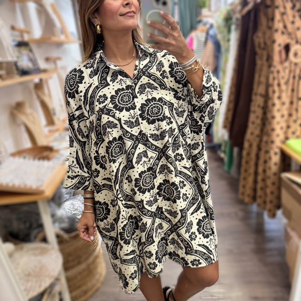 Black Print Dolman Sleeves Dress