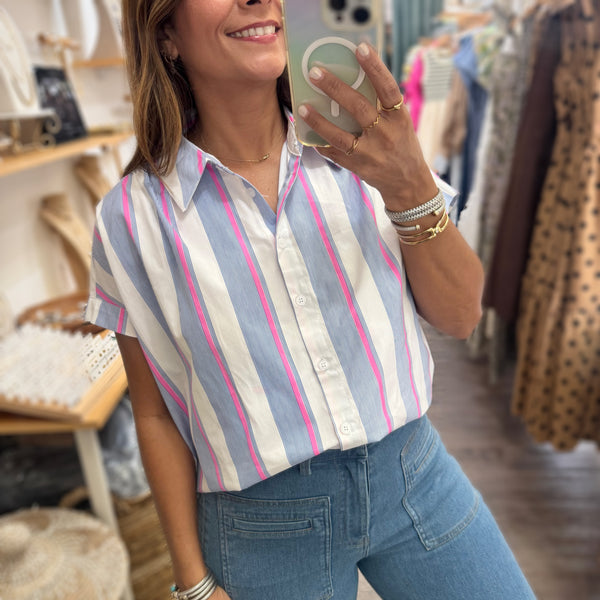Blue & Pink Stripes Button Down Top