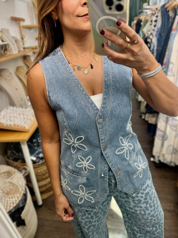 Flower Embroidery Denim Vest/Top