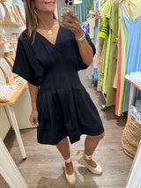 Black V-Neck Cinched Waist Dress