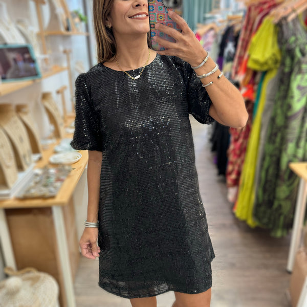 Black Sequin Shift Dress