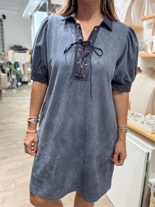 Blue Lace Up Neck Dress