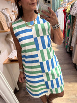 Blue & Green Geometric Print Dress