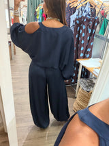 Navy Cold Shoulder Top & Harem Pants