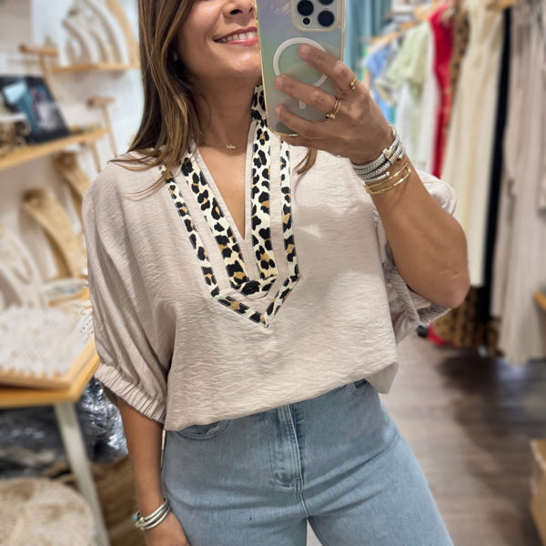 Oatmeal Leopard Print Neck Top