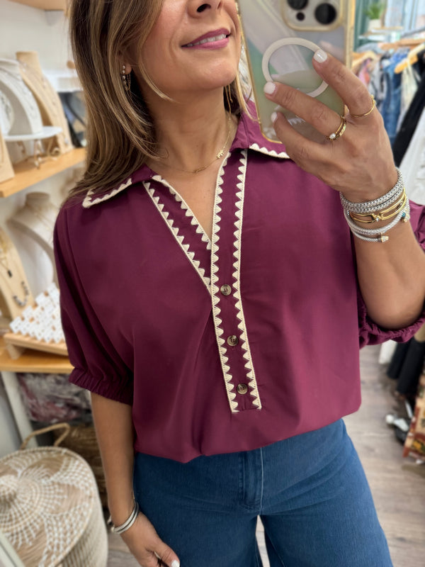 Burgundy Embroidered Detail Collared Top