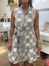 Navy Gingham & Embroidered Dress