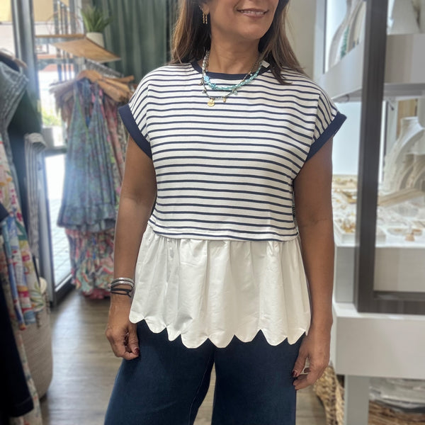 Navy Stripes Scalloped Hem Top