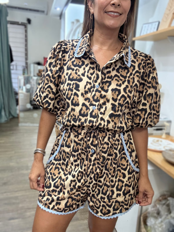Leopard Print & Blue Trim Detail Romper