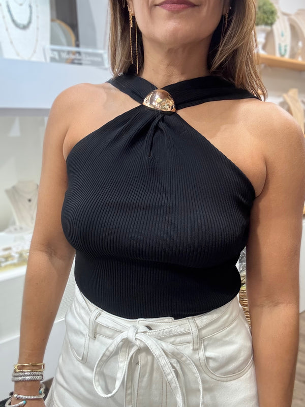 Black Gold Detail Halter Top