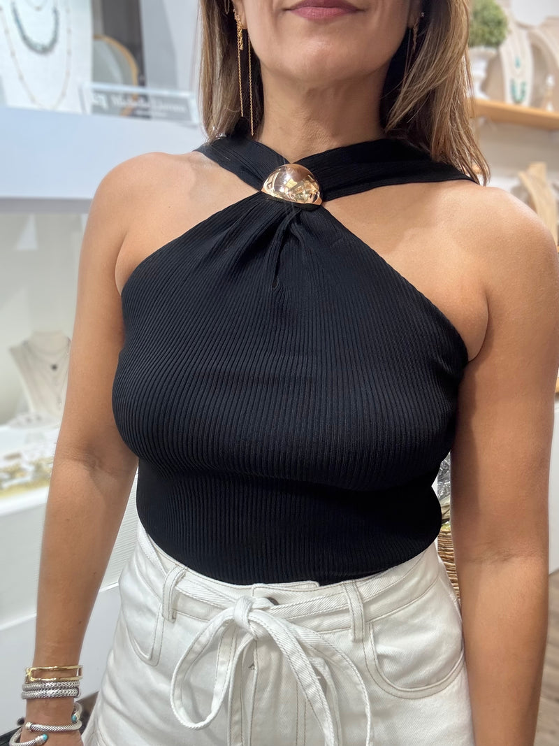 Black Gold Detail Halter Top