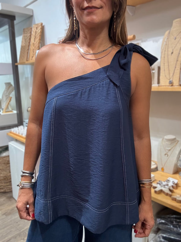 Navy One Shoulder Top