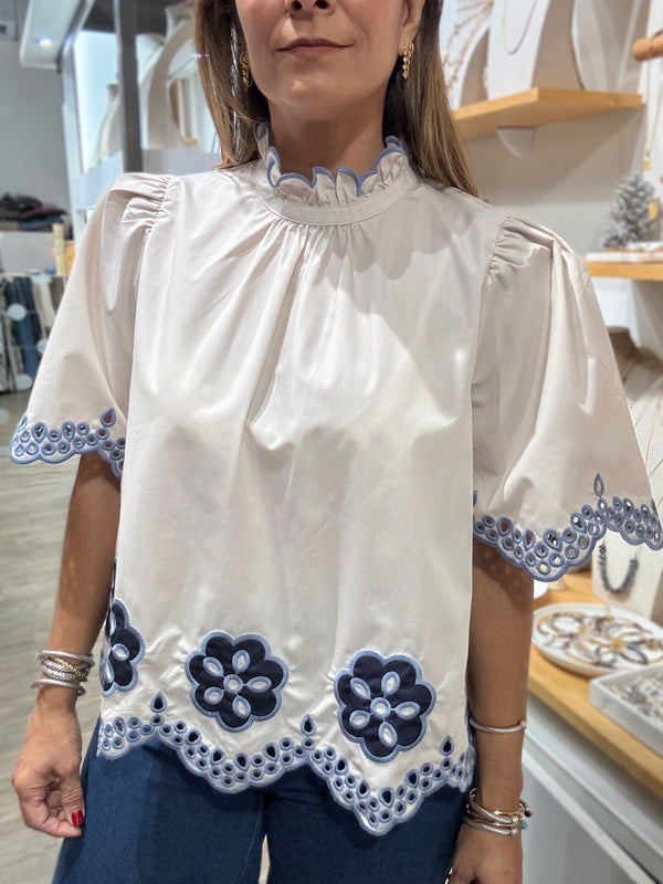 Ivory & Blue Embroidered Hem Top