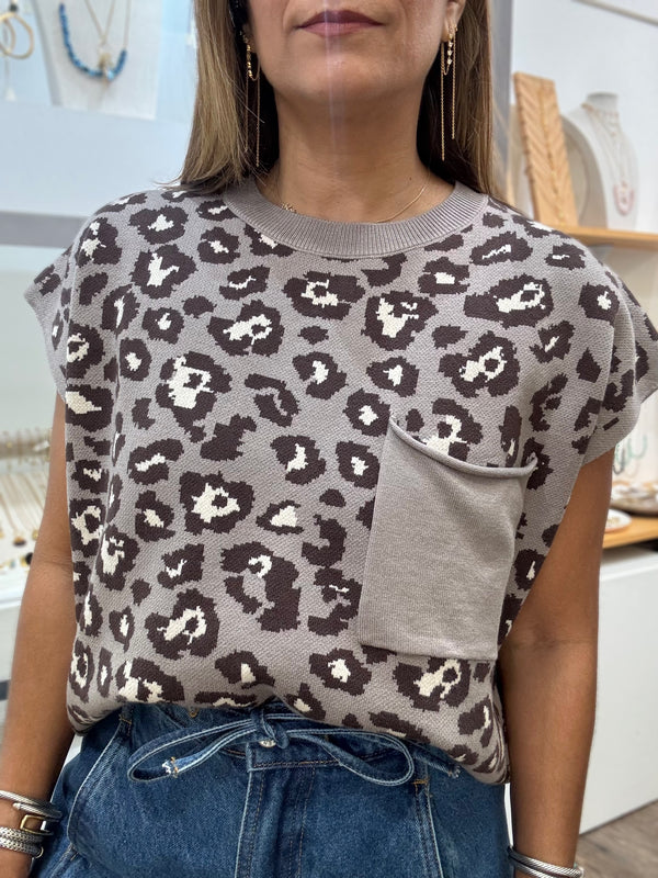 Grey Leopard Print Front Pocket Top