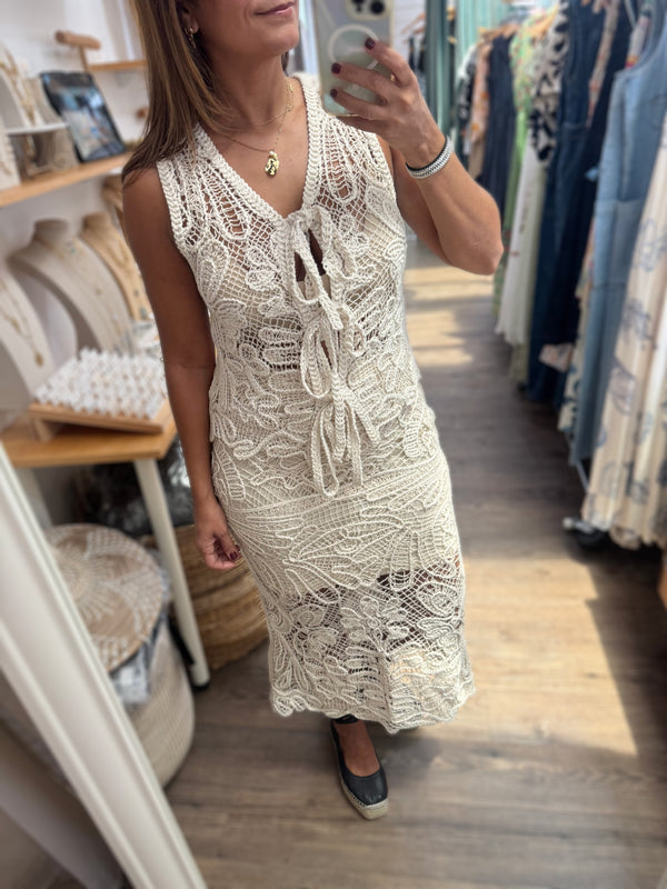 Beige Crochet Vest & Skirt Set