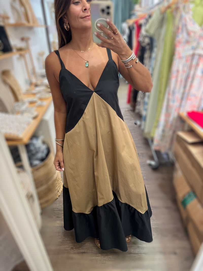 Taupe & Black Contrast Maxi Dress
