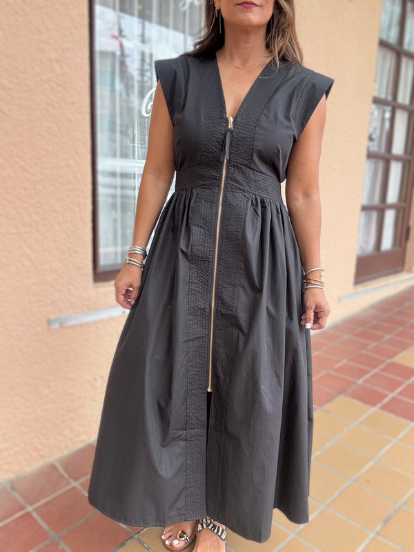 Black V-Neck Front Zipper Dress