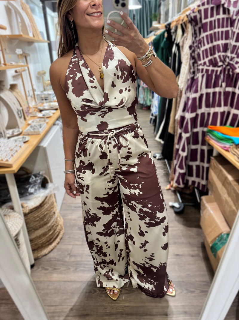 Cow Print Halter Top & Pant Set