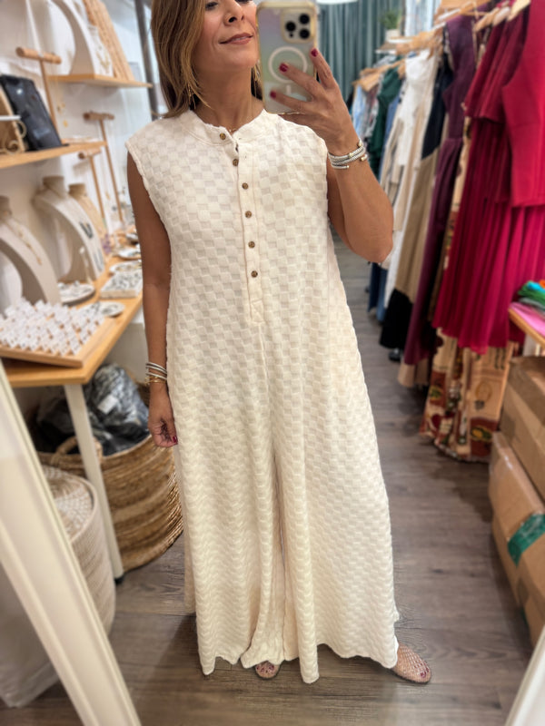 Ivory Wide Leg Textured Jumpsuit