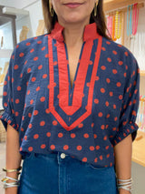 Navy & Brick Polka Dots Top