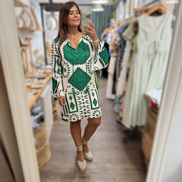 Green Ikat Print Dress