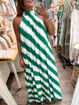 Green & Blue Print Neck Detail Dress