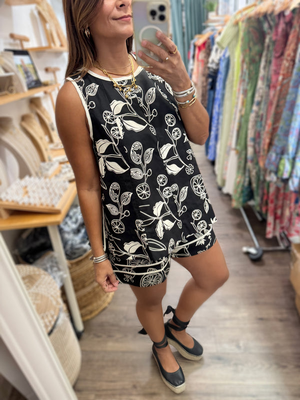Black Print Top & Short Set