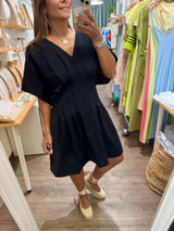 Black V-Neck Cinched Waist Dress