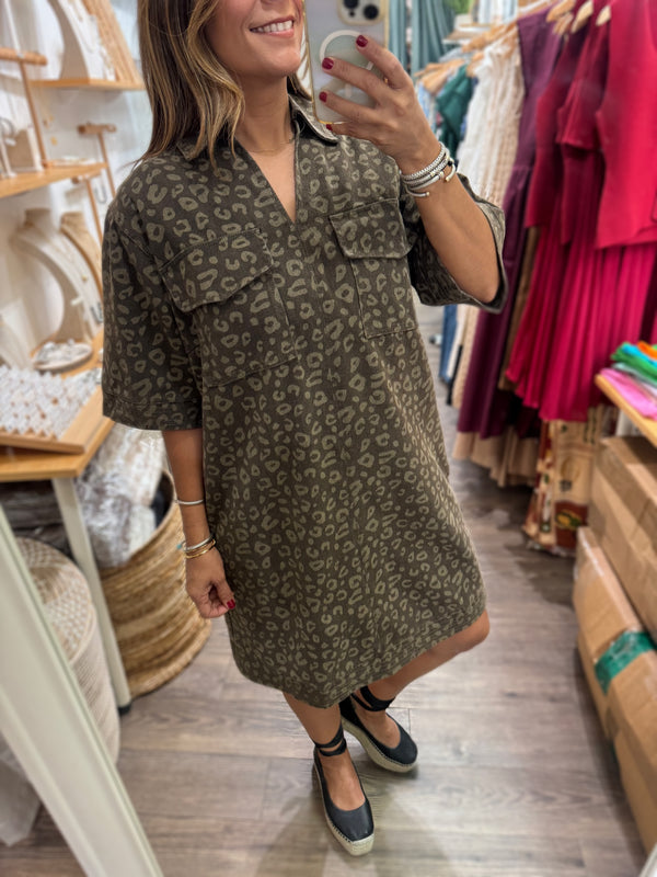 Olive Mix Front Pockets Dress