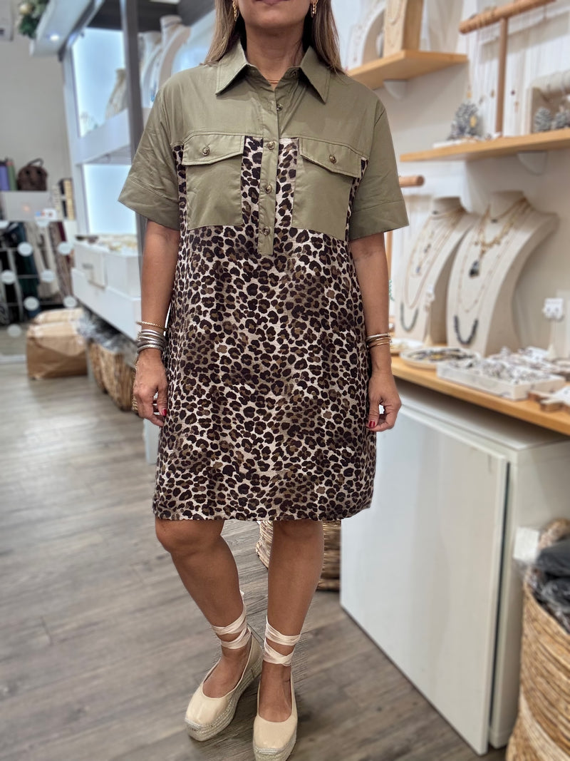 Leopard & Olive Print Front Pockets Dress