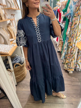 Navy Embroidered Sleeves Tiered Dress