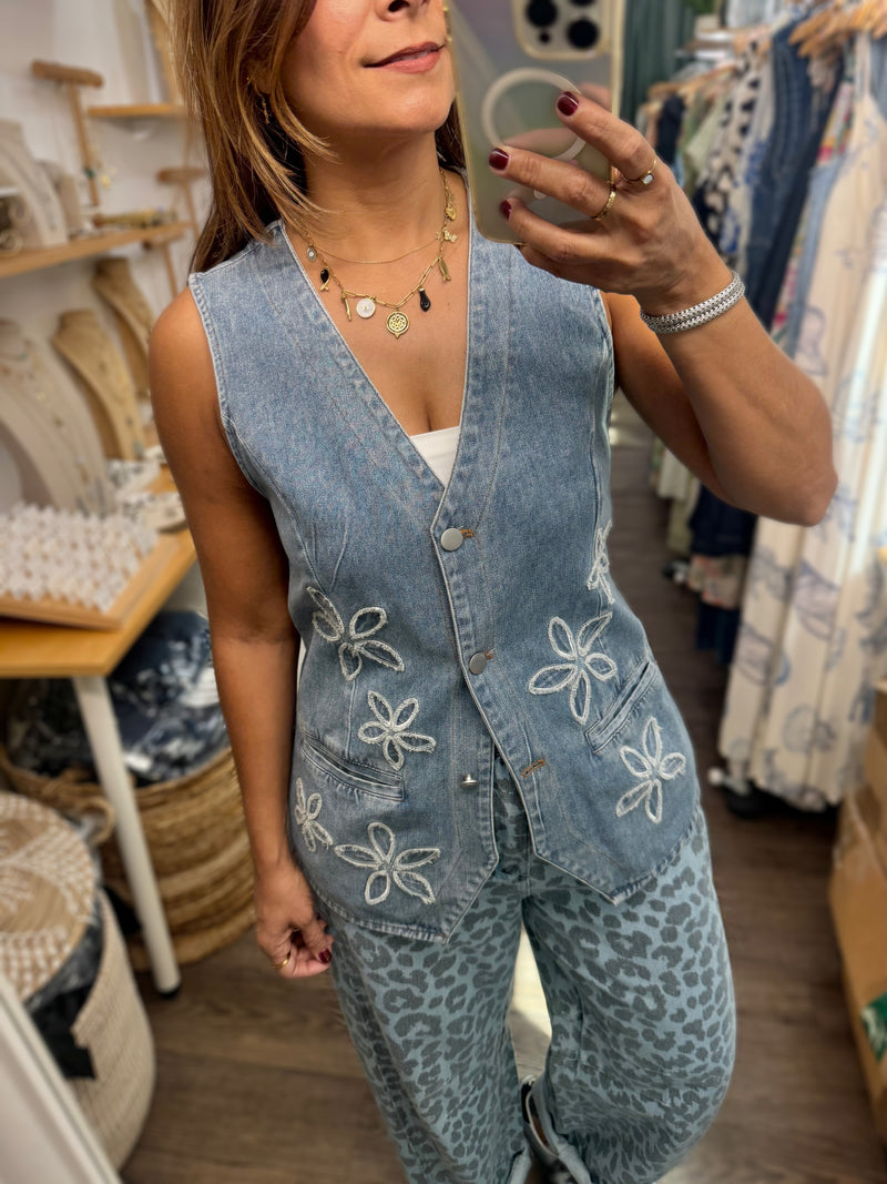 Flower Embroidery Denim Vest/Top