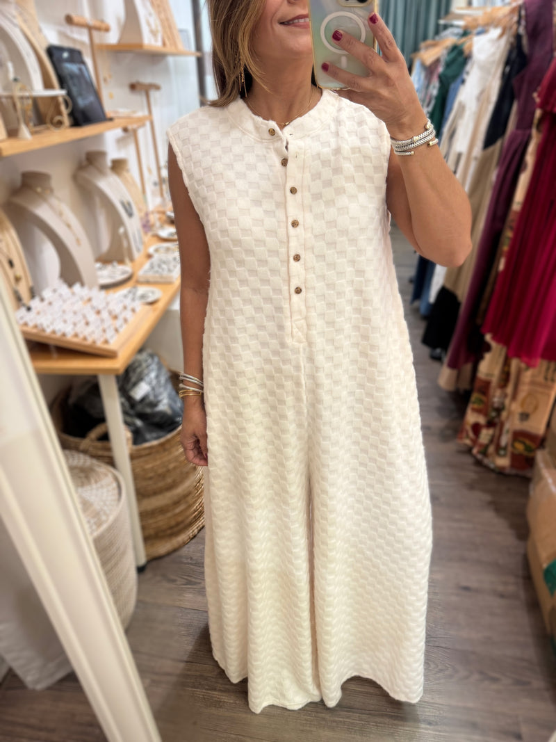 Ivory Wide Leg Textured Jumpsuit