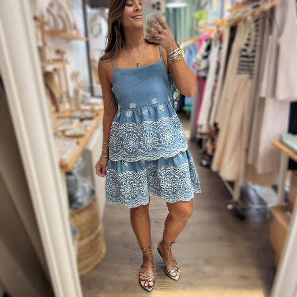 Blue Denim Embroidery Dress