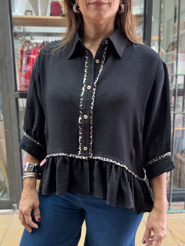 Black Leopard Trim Top