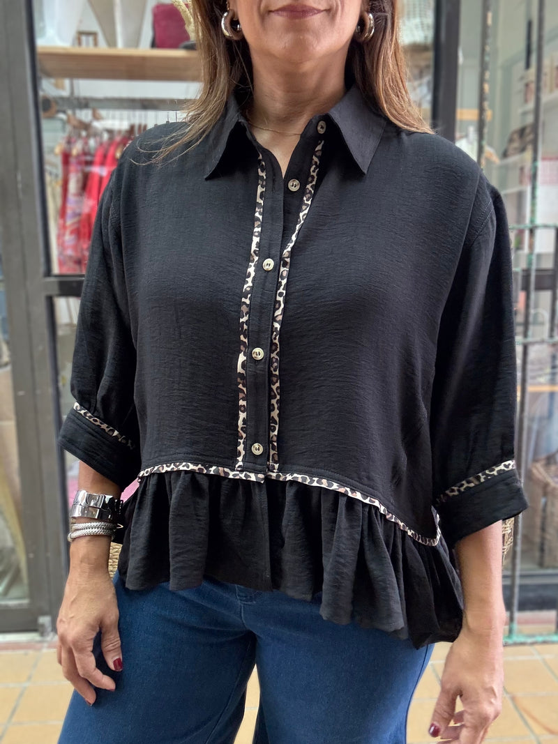 Black Leopard Trim Top