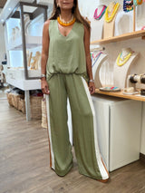 Olive Top & Side Stripes Pant Set