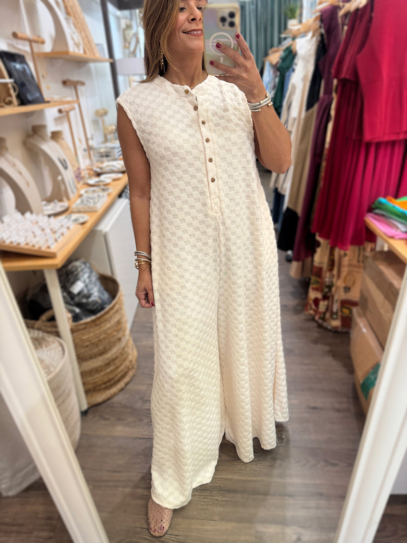 Ivory Wide Leg Textured Jumpsuit