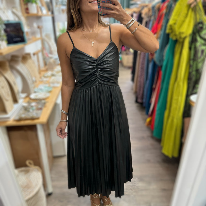 Black Faux Leather Pleated Dress