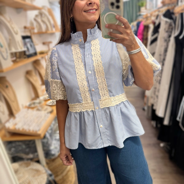 Lace & Blue Stripes Top