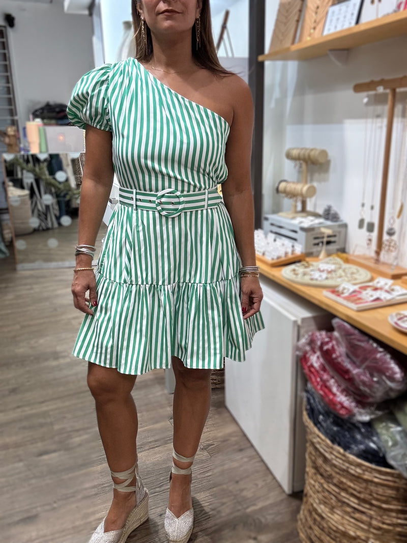 Green Stripes One Shoulder Dress