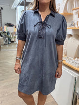 Blue Lace Up Neck Dress