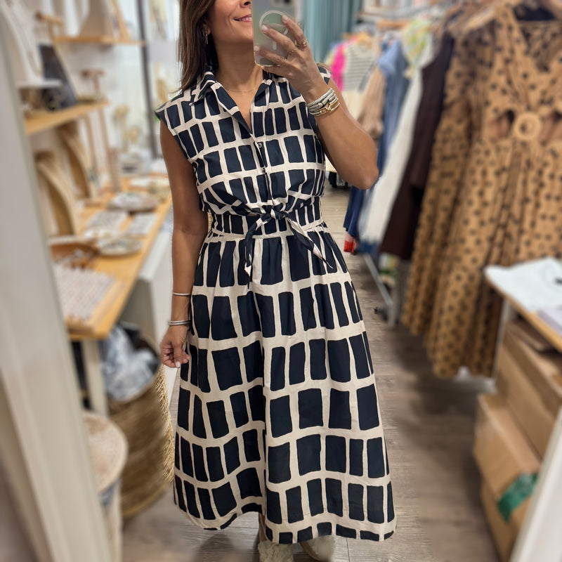 Navy Print Knot Detail Dress
