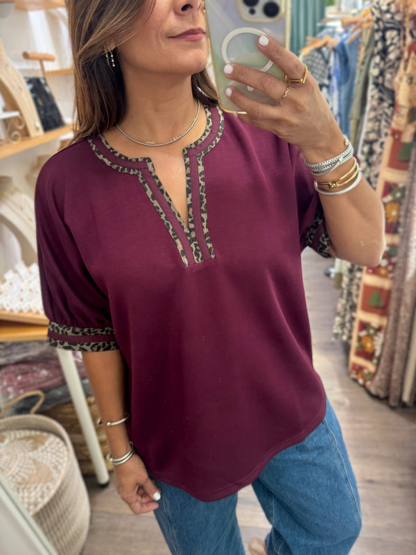 Burgundy V-Neck Trim Detail Top